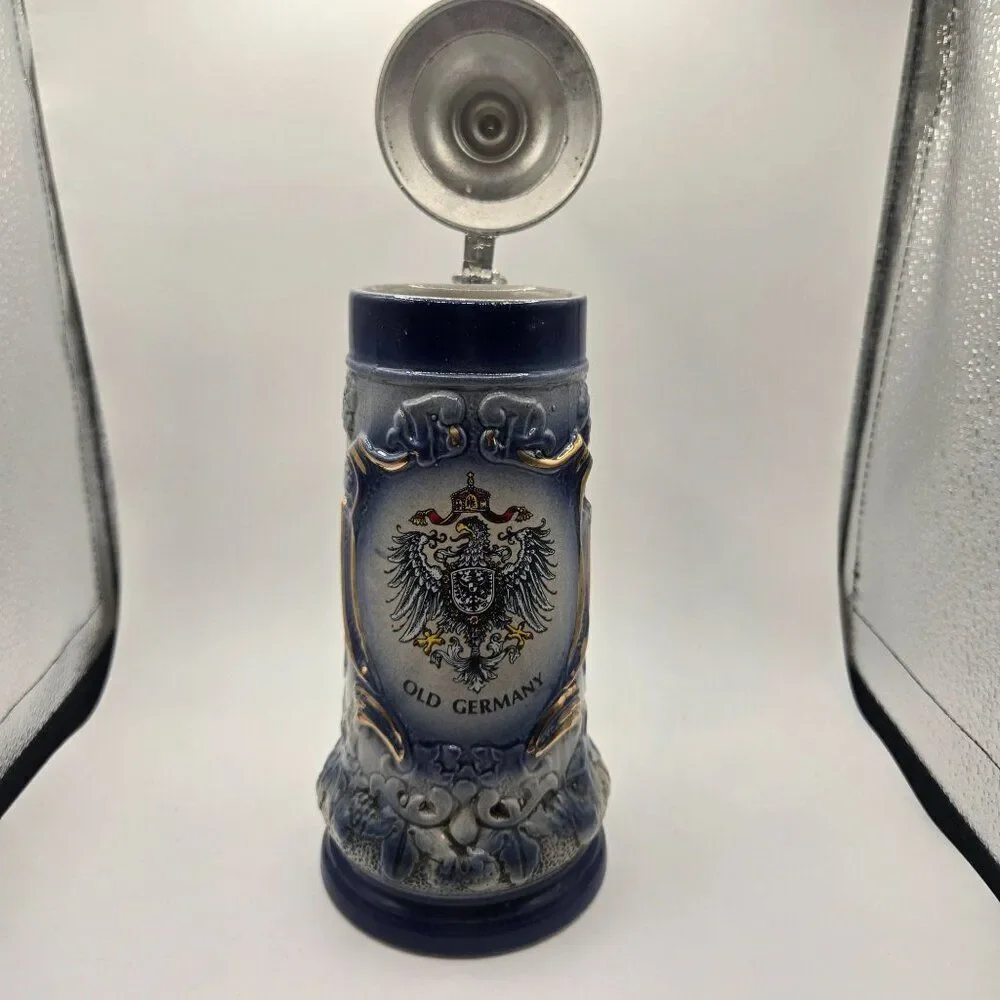 Vintage German Beer Stein Pewter Lid 0.5L Old Germany Blue Gray Armin Bay